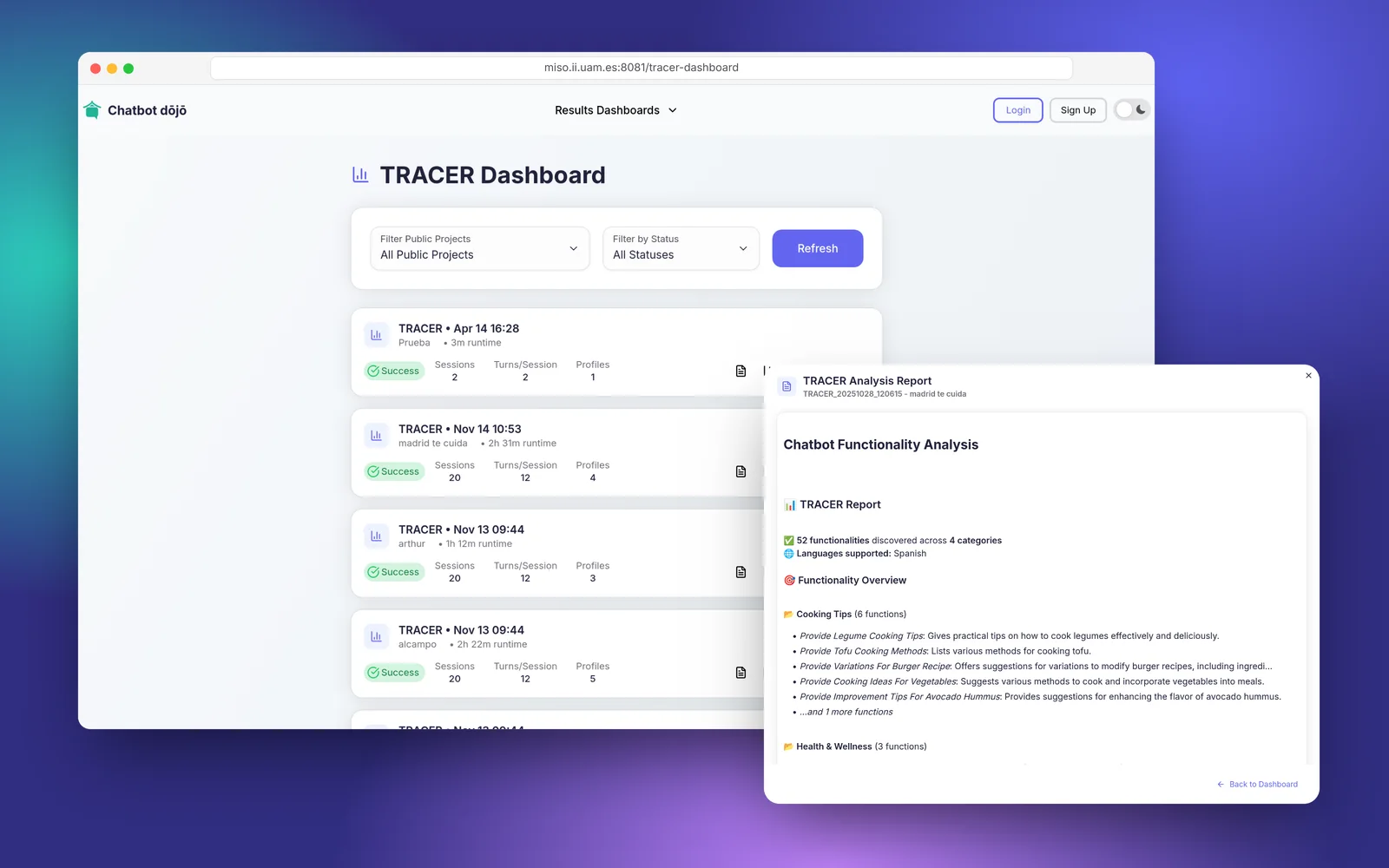 Chatbot Dōjō's public TRACER dashboard with past runs, and the analysis report of one of them.